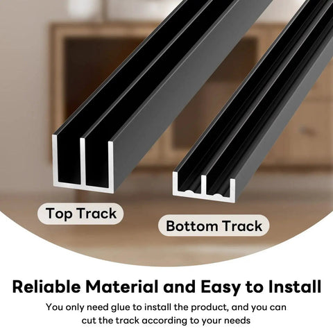 Black metal sliding door track kit showing top and bottom tracks for one quarter inch thick panels, part of two sets 48 inch length.