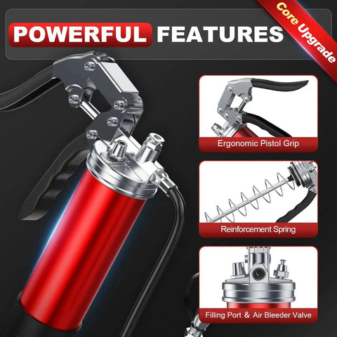 Heavy Duty 8000 PSI Pistol Grip Grease Gun Kit With Quick Locking Coupler Spring Flex Hose 14 Ounce Load Two Standard Hoses Reinforced Coupler Rigid Pipe And Sharp Nozzle For Precise Pro Lubrication For Automotive Maintenance Farm Equipment Marine And features