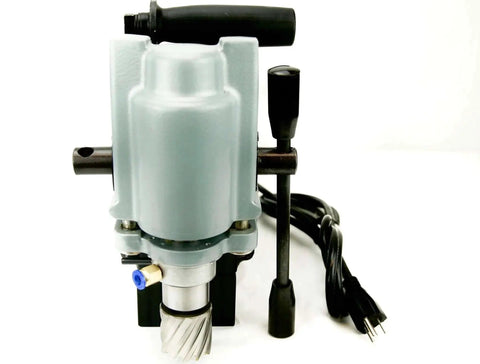 Front view of Typhoon Mini Magnetic Drill With Annular Cutter Capability For 110V 640 RPM Compact 7/16 To 1 1/2 Inch Hole Capacity And 2 Inch Depth Coffee Color Built For Real Metalwork BLUEROCK Tools.