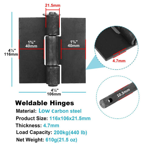 Weldable door hinge, low-carbon steel, 116×106×21.5 mm, 4.7 mm thick, 200 kg load