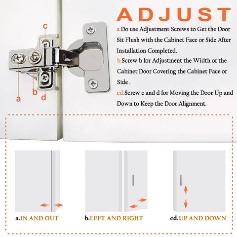 Cabinet hinge, 24-pack, 1/2 inch overlay, stainless steel, soft-close with adjustment screws and install diagrams
