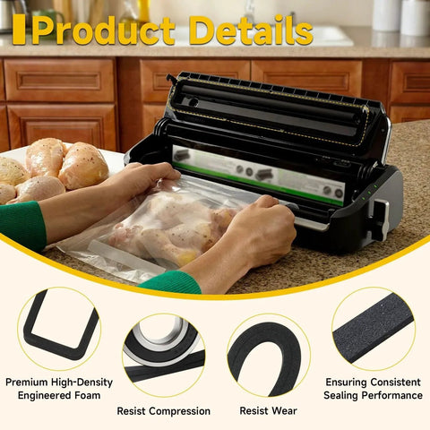Person using vacuum sealer with 2 Pack Vacuum Sealer Foam Gasket Replacements For FoodSaver Sealing Systems FM2000 FM2010 FM2100 FM3600 GM2050 GM2150 VS0150 VS0160 Keep Your Vacuum Sealer Air Tight With High Density Foam Gaskets Easy Install Durable DIY Replacement Kit.