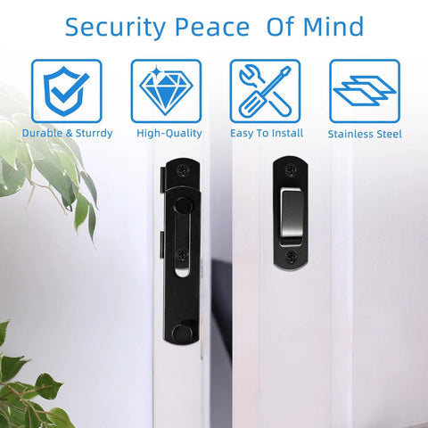 Beefy 4 Inch Heavy Duty Barn Door Lock Latch installed on door showing matte black stainless steel, for indoor and outdoor use.