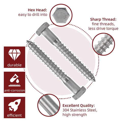 Heavy Duty Wood Lag Screws Set 304 Stainless Steel 3/8 Inch By 3 Inch Hex Head Bolts With Washers 50 Pack Includes 50 Washers And Hex Socket Drill