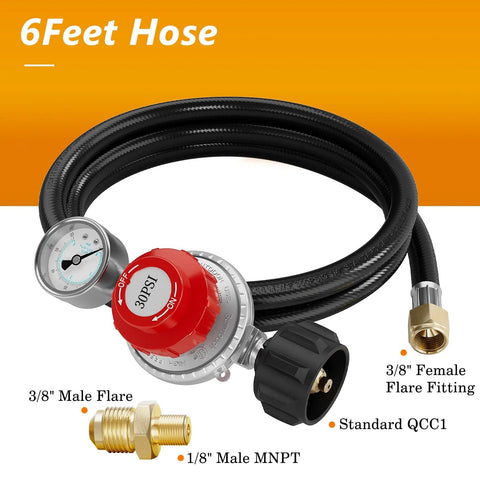 NUPICK propane regulator with 6ft hose, gauge 0-60 PSI, red knob, 3/8 flare fittings, MNPT, QCC1