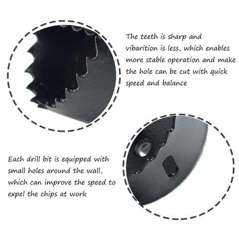 Close-up view of 70mm Bi-Metal Hole Saw With Triangular Shank For Wood And Plastic, sharp teeth and chip expelling holes visible.