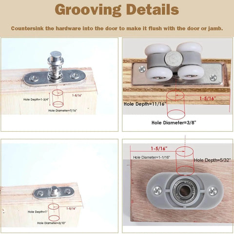Grooving details of Bifold Door Hardware Kits showing hole depth, diameter, and installation; includes pivot, wheel, and track components.