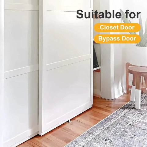 8 Pcs Sliding Closet Door Floor Guide Set Bypass Bottom Guide Adjustable Floor Guide In Stamped Steel Hardware Replacement Fits 0.75 To 1.375 Inch Doors Compatible With ACME 121 And Prime-Line N 6560 For Standard Bypass Closet Doors shown installed on a closet door.