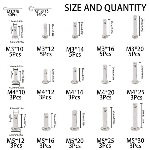 Size and quantity chart of All Purpose 110Pcs 304 Stainless Steel Clevis Pins And Cotter Clip Kit For Link Hinges And T Shape Pins Flat Head Round Pins In M3 To M5 Assorted Sizes Rust Resistant For Indoor And Outdoor Use Rrina