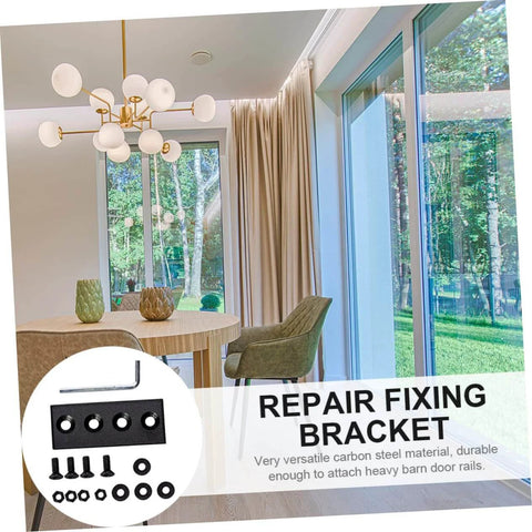 Black Carbon Connection Plate Set With Adjustable Fixing Bracket for Sliding Barn Doors shown with screws and hardware