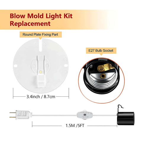 All In One Blow Mold Light Kit Replacement With Switch for indoor outdoor decor, E27 socket, 5ft cord, round plate fixing part