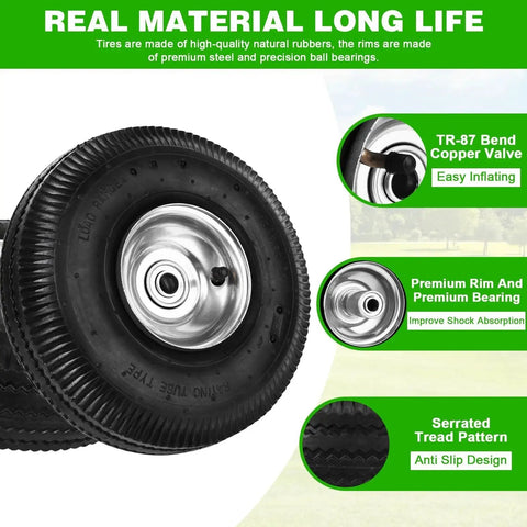 Close-up of 10 Inch Pneumatic Wheel with 4.10/3.50-4 Tire, 2.2 Inch Offset Hub, and 5/8 Inch Bearings for garden carts and mowers.