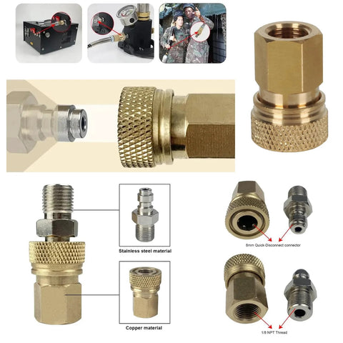 RecDec 8mm quick-disconnect to 1/8 NPT adapter set; brass fittings with knurled nut and stainless steel connector