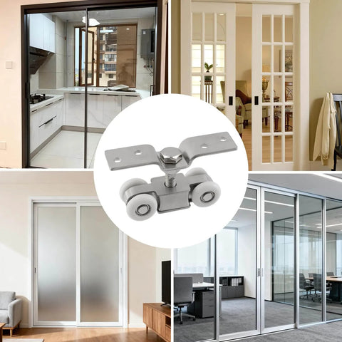 Two Pack Heavy Duty Stainless Steel Sliding Door Roller Set With Silent Design, 265 Lb Load Capacity, shown in use with glass doors