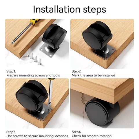 Installation steps for Five Pack 1 Inch Furniture Casters Replacement Caster Set With Screws Nylon Swivel Wheels for workbenches and more