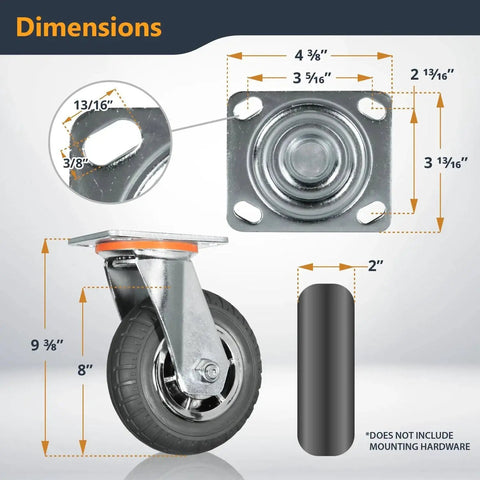 Dimensions of 8-Inch Heavy Duty Caster Wheels Set Of 4 With Dual Locking Brakes Non-Pneumatic Polypropylene Tire All Terrain