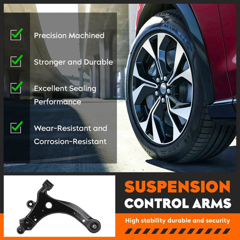 Black metal front lower control arm with ball joint, automotive suspension part, side view