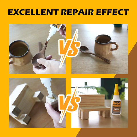 Fast Dry Wood Glue and Instant CA Adhesive for Wood Repair and Crafts demonstrating repair on ceramics and wood with bottle.