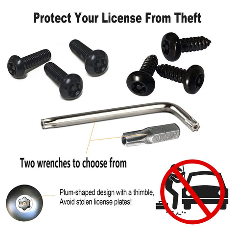 Anti Theft Stainless Steel License Plate Screws Set With Matte Caps And Locking Bolts For Front And Rear Car Tag Mounts Rustproof 304 Stainless M6 One Quarter Inch Includes Nuts Inserts And Rattle Proof Pads displayed with wrenches and bolts