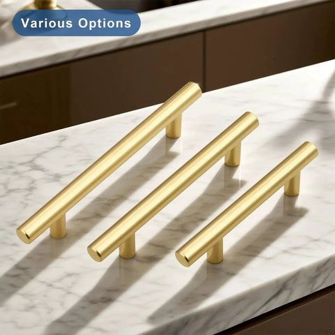 Set Of 30 3 Inch Center Hole Brushed Gold Cabinet Pulls Stainless Steel Rustproof Kitchen Handles on marble surface