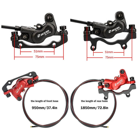 CooMeng HB876E hydraulic disc brake set for e-bike, red caliper, 180mm rotors, 950mm front and 1850mm rear hoses.