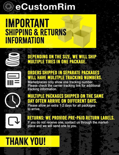 eCustomRim shipping and returns information poster with icons and text details on package tracking and return labels.