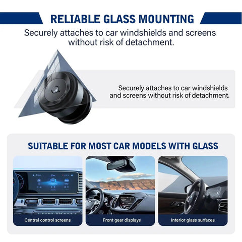 Close-up of black 360-rotatable car magnetic phone holder with vacuum suction on glass surface