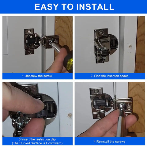 Installation steps for Premium 50 Pack Cabinet Hinge Restrictor Clips For Blumotion Compact Hinges 86 Degree Opening.