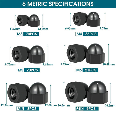 Big Ol 160Pcs Nylon Acorn Nut Set Kit Black Dome Nuts For Protecting Hex Bolts M3 M4 M5 M6 M8 M10 sizes and measurements