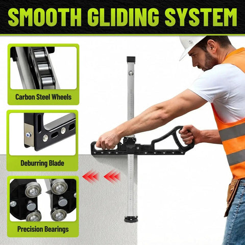 Man using Foldable Drywall Cutter With Short Safety Blades And 10 Blade Storage, Deburring Scraper, Metric And Imperial Scale on wall.