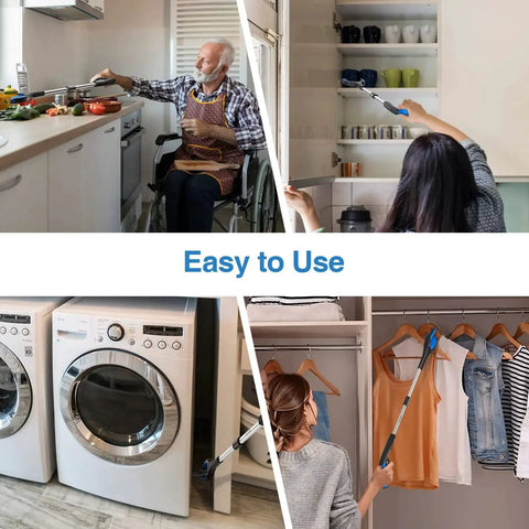 People using the 2 Pack Grabber Reacher Tool Set Featuring 32 Inch Extra Long Steel Foldable Pick Up Stick With Strong Magnetic Grip 90 Degree Rotating Anti Slip Jaw Trash Claw Hand Grabber For Reaching And Arm Extension Lightweight And Durable to reach items in kitchen, laundry area, and closet.