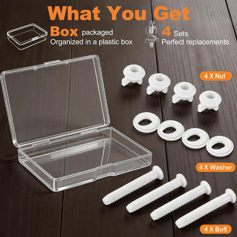 4 Sets Toilet Seat Screws Kit With Plastic Bolts Nuts And Washers To Fix A Loose Toilet Seat Durable Replacement Hardware shown in a plastic box