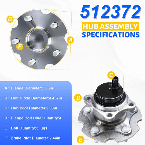 Rear Wheel Bearing Hub Assembly 2 Pack 5 Lug 512372 For Scion tC 2011-2016 RAV4 2006-2016 And Lexus HS250h 2010-2012 specs diagram