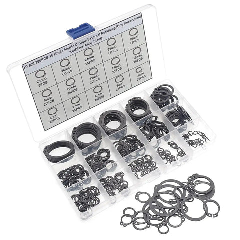 290 Piece C Clips External Retaining Ring Assortment Kit in case, black alloy steel, 15 sizes 4mm to 18mm, for machinery repairs