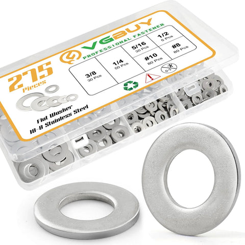 VGBUY 275 PCS stainless flat washer set, 304 SS, SAE sizes #8–1/2, box and two large washers