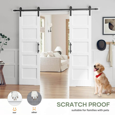 Double 24x84 Inch White Sliding Barn Door Slab With 8 Ft Hardware Kit Included, 5-Panel MDF Wood Panel Covered In Water-Proof Scratch-Proof PVC Surface, Easy DIY Assembly For A Modern, Sturdy Room Divider Or Closet Door installed view