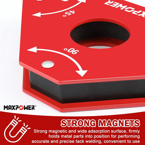 Close-up of Powerful 75 Lbs Welding Magnets Set Two Piece With 45 Degree And 90 Degree Magnetic Holders in red with center hole.