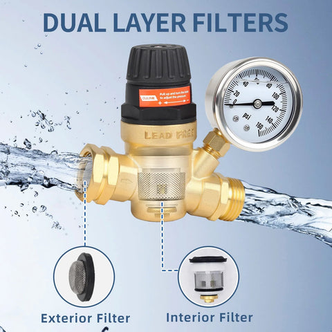 OULEME RV water pressure regulator with gauge, adjustable knob, brass lead-free body, 3/4 in connectors, dual filters