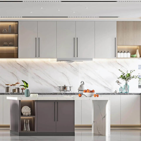 Modern kitchen with marble countertop and cabinets fitted with Matte Black 12.6 Inch Kitchen Cabinet Handles 10 Pack Cabinet Pulls For Cupboard And Drawer Doors, Modern Metal Hardware For Home Renovation, Durable Easy Install, Asidrama Quality.