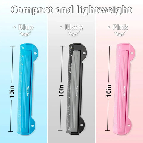 Blue 3 Ring Hole Puncher For Binders, Portable Metal Paper Punch, Built In 10 Inch Ruler, Black and Pink Variants Displayed