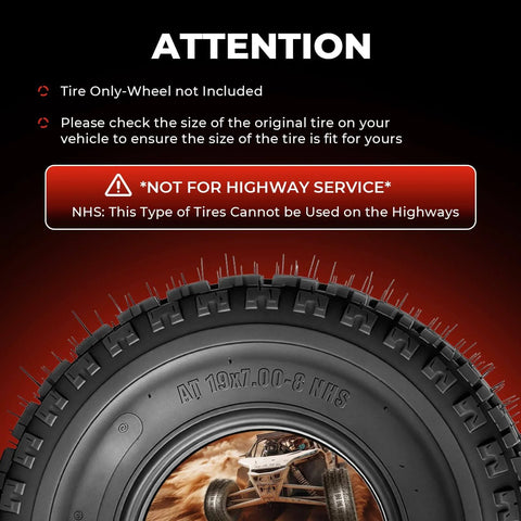 Tire with warning label for off-road use, Set Of 2 19x7-8 ATV UTV Tires 4PR Beefed Up All Terrain Tubeless Non Directional Tread