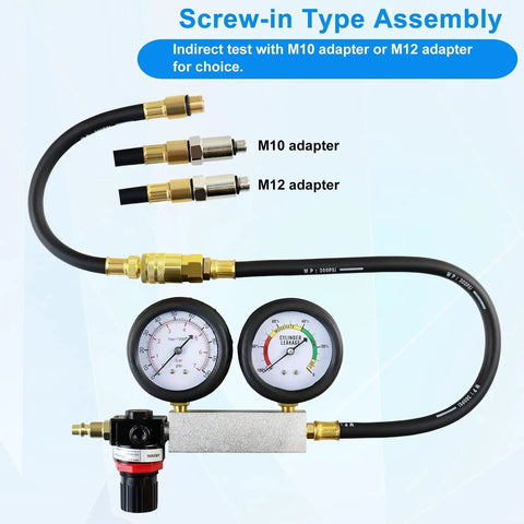 Leak Down Tester Kit With Dual Pressure Gauges For Gasoline Engines By JoyFans, including M10 and M12 adapters.