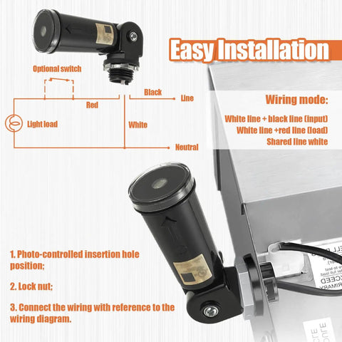Diagram and photo of One Pack 120 To 277V AC Photocell Light Sensor Switch For Outdoor Lighting IP65 showing installation and wiring instructions.