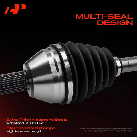 CV Axle Shaft Assembly For Chevy Silverado 1500 2500 3500 HD Suburban 2500 Avalanche 2500 GMC Sierra Yukon XL 2500 Hummer H2 1999 To 2013 4WD Front Left Or Right Beefed Up With 6 Bolt Holes And Neoprene Boot close-up with multi-seal design and stainless steel clamps