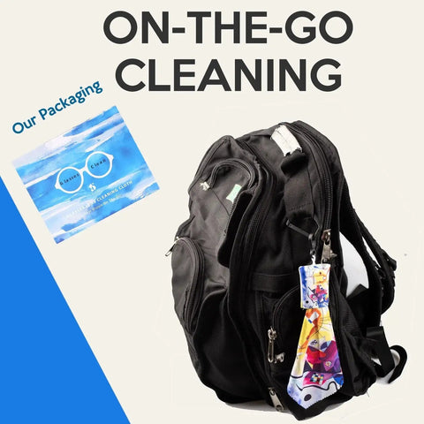 Backpack with Double Sided Microfiber Glasses Cleaning Cloth For Lenses Screens Cameras attached, packaging shown