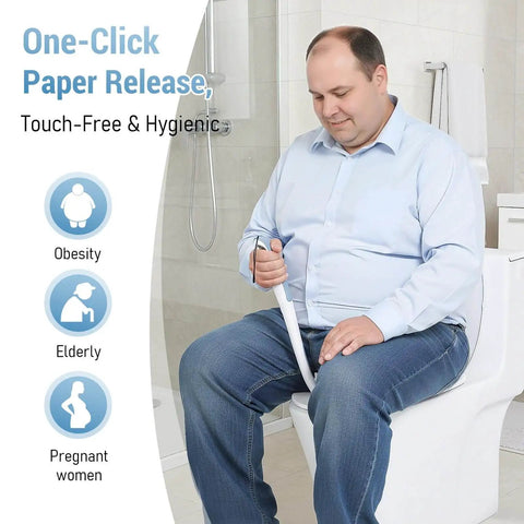 Man using the Newly Upgraded Silicone Top Toilet Paper Clamp With Wipes Holder And No Slip Grip, Bathroom Mobility Aid, seated on toilet.