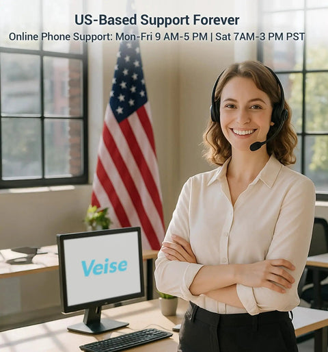 Customer support representative with headset in office, US flag in background, 'Veise' on computer screen, US-Based Support Forever