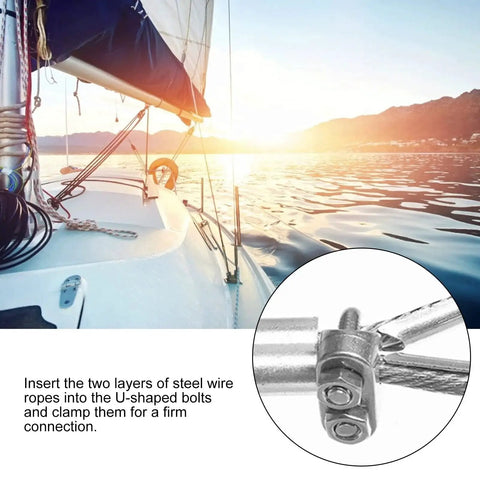 Close-up of Stainless Steel Wire Rope Clip M4 U Bolt Saddle Fastener installed on a boat for secure rope connections.