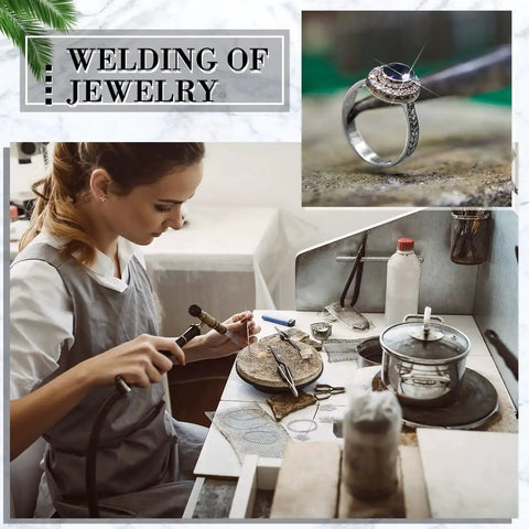 Woman using torch for jewelry welding, tools, and silver ring. Silver Jewelry Solder Chips And Wires Kit 330 Pieces Of Fine Silver Precut Solder Chips 2x2 Mm And 3 Soft Medium Hard Silver Solder Wires For Slick Easy Jewelry Making Repairs And Restoration visible.