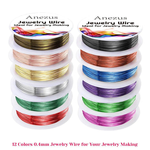 12 Rolls Tarnish Resistant Jewelry Wire Set For Beading And Jewelry Making In 12 Colors Including Silver Gold Rose Gold Black Bronze Red.